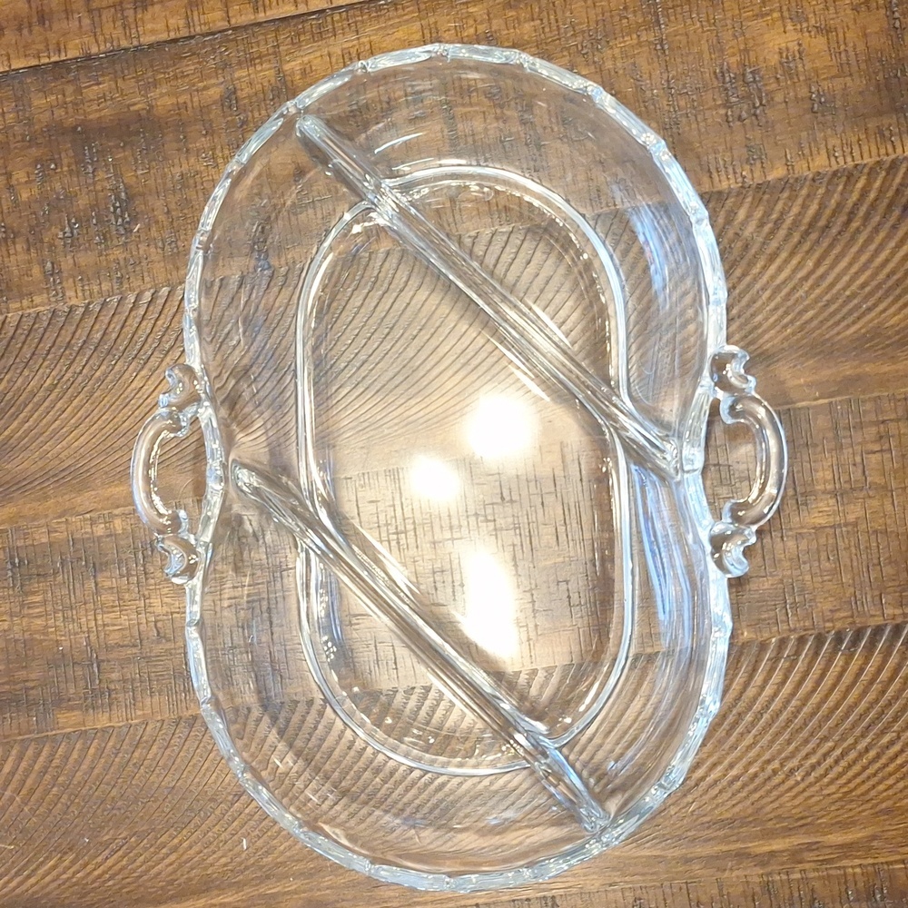 VINTAGE CRYSTAL FOSTORIA CENTURY 3 PART DIVIDED OLIVE/APP DISH 11”x7”x2”